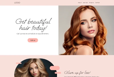Webseite: linker Weißbereich mit Text; rosa Button; rechter Bereich Porträt einer roten Frau; unten links weiteres Porträt.