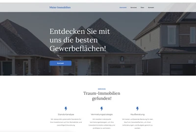 Header mit Meier Immobilien-Logo; Hintergrund aus Häuserzeile; große Textzeile: Entdecken Sie mit uns die besten Gewerbeflächen!; blauer Kontakt-Button.