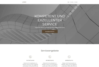 Grauer Glasfassaden-Hintergrund; zentrale Überschrift KOMPETENT UND EXZELLENTER SERVICE und Button Konsultationen buchen.