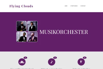 Weiße Kopfzeile mit 'Flying Clouds'; lila Banner mit vier Quadratfotos von Männern in Anzügen und dem Schriftzug MUSIKORCHESTER.
