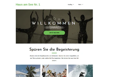 Webseite mit Logo 'Haus am See Nr. 1', Hero-Banner mit tanzenden Silhouetten im Wasser, 'WILLKOMMEN' und grünem Button 'JETZT BUCHEN'.