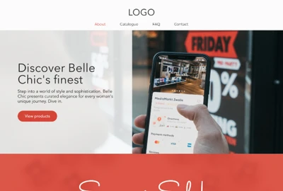 Webseite mit Logo oben; Nav. About, Catalogue, FAQ, Contact. Links Text Discover Belle Chic's finest und Smartphone rechts.