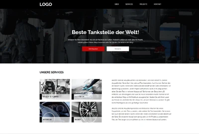 Webseite mit dunklem Werkstattbild, Logo oben, Titel 'Beste Tankstelle der Welt!', rote Buttons, Bereich 'UNSERE SERVICES' mit vier Kacheln.
