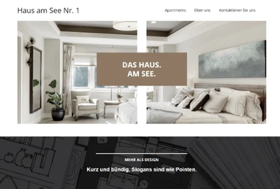 Webseite 'Haus am See Nr. 1' zeigt zwei helle Wohnräume mit Sessel, Pflanze und Sofa; braunes Banner 'DAS HAUS. AM SEE.'