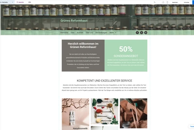 Webseite Grünes Reformhaus mit Gläsern im Header, grünem Farbschema, 50% Sonderangebot und Produktbilder.