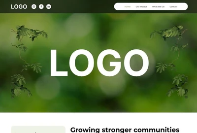 Grüner unscharfer Hintergrund mit zentralem weißen LOGO; obere Leiste mit Logo links und Menü rechts.