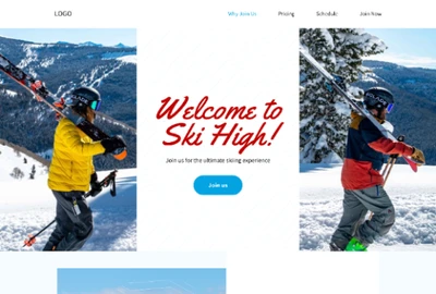 Zwei Skifahrer in Gelb und Rot links und rechts, weiße Fläche mit rotem Schriftzug 'Welcome to Ski High!' und blauem Button 'Join us'.