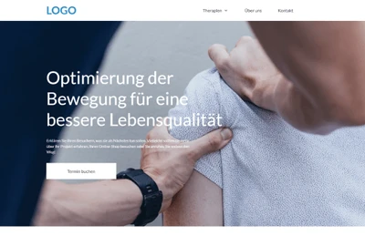 Nahaufnahme zweier Personen; Schulter wird berührt. Logo oben links; Text 'Optimierung der Bewegung für eine bessere Lebensqualität' und Button 'Termin buchen'.