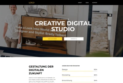 Hero-Bild einer Webseite: Mann links, großer Monitor, Büro-Hintergrund, Überschrift Creative Digital Studio und zwei Buttons.