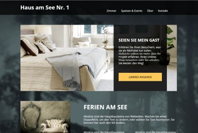 Hotel-Website: Kopfzeile Haus am See Nr. 1, helles Schlafzimmer-Bild, dunkles Overlay mit Button, Ferien am See.