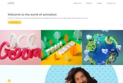 Website-Screenshot: Logo/Kopfzeile, Text 'Welcome to the world of animation' und drei bunte Kacheln.