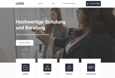 Logo oben, Hero-Bild mit Menschen im Business-Kontext; Überschrift Hochwertige Schulung und Beratung und vier Icon-Kacheln.