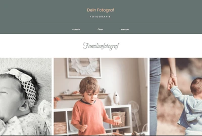 Header einer Familienfotografie-Website: drei Kinderschnappschüsse – links Baby, Mitte Kleinkind, rechts Kind hält Hand eines Erwachsenen.