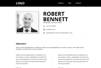 Screenshot einer Website: schwarzes Menü, Logo links; Profilbild, Name Robert Bennett, Kontaktangaben und Über mich-Bereich.