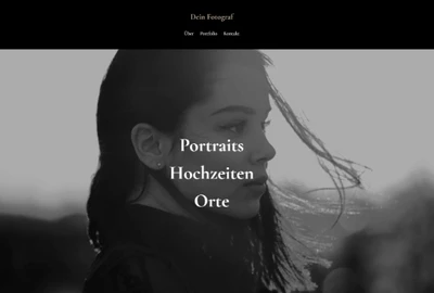 Schwarz-weißes Profilporträt einer Frau, Wind in den Haaren; mittig weißer Text Portraits Hochzeiten Orte, oben schwarzes Menüband.