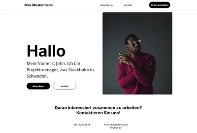 Linke Seite: großes 'Hallo' und ein kurzer Text. Rechte Seite: Porträt eines Mannes in rotem Pullover vor dunklem Hintergrund.