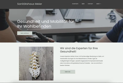 Website-Hero mit Logo Sanitätshaus Meier, Text Gesundheit und Mobilität; zwei Personen am Tisch, Spine-Modell auf Holzplatte.