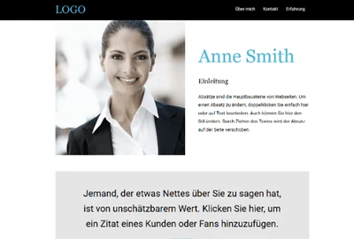 Webseite mit Logo oben, Navigation; links Porträt einer lächelnden Frau im Blazer, rechts der Name Anne Smith und Einleitungstext.