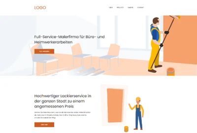 Illustration einer Malerarbeit: Mann mit Farbrolle streicht eine orange Wand; Raum mit Stühlen im Hintergrund.