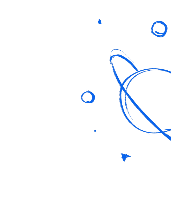 Blaues Icon: Planet mit Ring, Zahnräder, Kreise und Linien auf schwarzem Hintergrund.