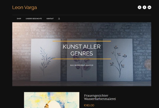 Dunkle Website mit Logo 'Leon Varga', Menü; drei Pflanzenskizzen vor Backsteinwand, orange Linien und 'KUNST ALLER GENRES'.