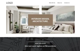 Website-Screenshot: Logo links oben; mittig zwei helle Wohnzimmer-Bilder; braunes Overlay mit INTERIOR DESIGN. ARCHITECTURE.