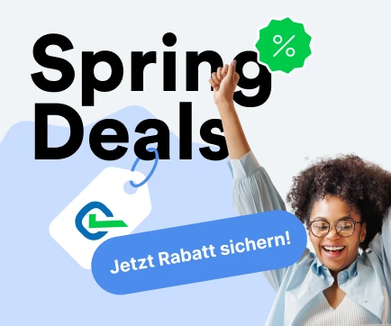 Werbegrafik mit Spring Deals, rechts eine Person mit Laptop, blauer Button Jetzt Rabatt sichern!