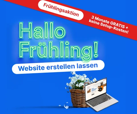 Blauer Hintergrund mit neongrüner Schrift Hallo Frühling! roter Banner und Laptop neben Korb mit Blumen.