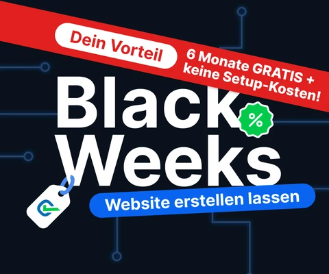 Dunkler Hintergrund mit Netzwerklinien; große weiße Schrift 'Black Weeks'; roter Diagonalbanner 'Dein Vorteil'; blauer Button 'Website erstellen lassen'.