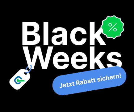 Schwarzer Hintergrund, weißer Schriftzug 'Black Weeks', grünem Rabatt-Siegel, blauem Button 'Jetzt Rabatt sichern' und kleinem Anhänger.