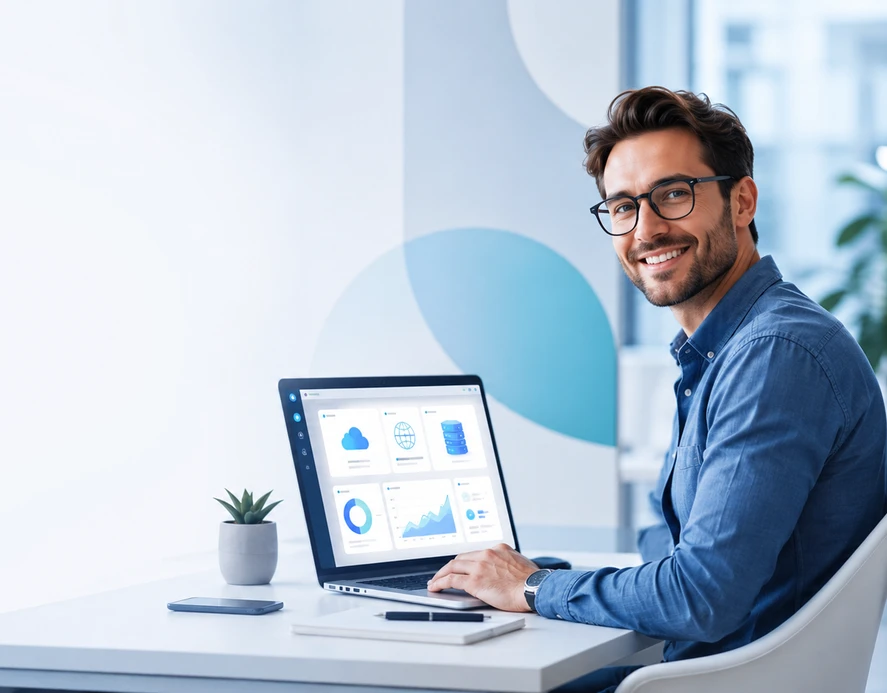 Mann mit Brille in blauem Hemd sitzt am Schreibtisch, Laptop mit Diagrammen geöffnet; Pflanze und Smartphone daneben.