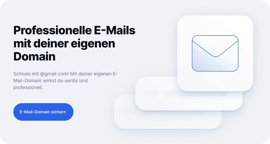 Heller Website-Hero: linker Text Professionelle E-Mails mit deiner eigenen Domain; rechts Karte mit Briefumschlag.