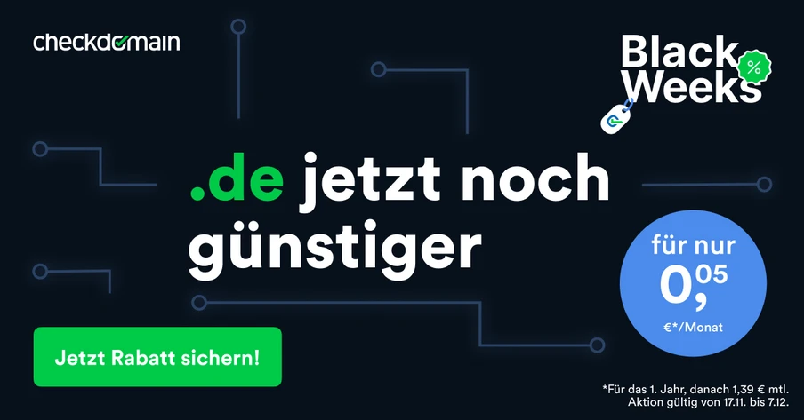 Dunkles Banner mit weißer Schrift '.de jetzt noch günstiger', grüne Akzente, grüne Button 'Jetzt Rabatt sichern!', blauer Preis-Kreis.