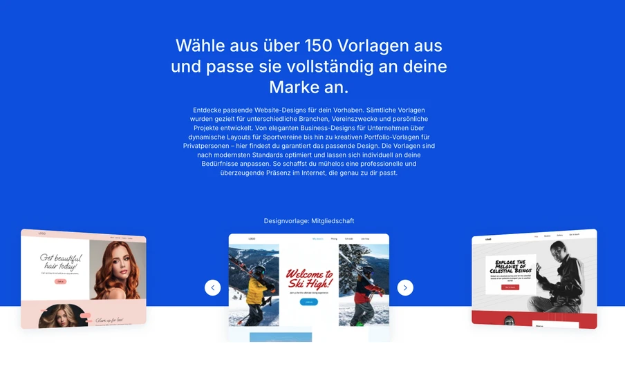 Großer blauer Hintergrund mit weißem Text; drei kleine Design-Vorlagen-Karten am unteren Rand.