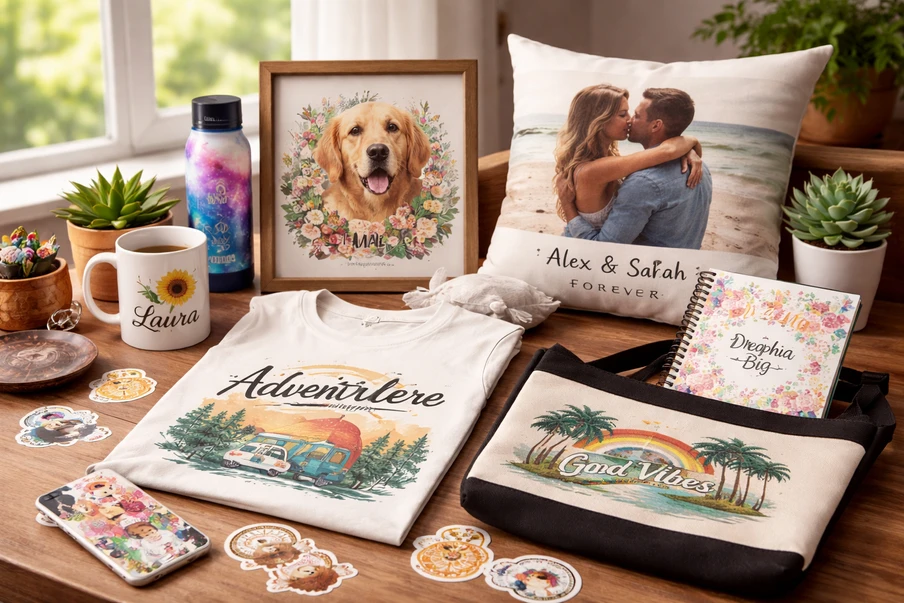 Holztisch mit bedruckten Shirts, Kissen mit Paar, Hundeporträt im Rahmen, Pflanzen, Sticker, Handyhülle.