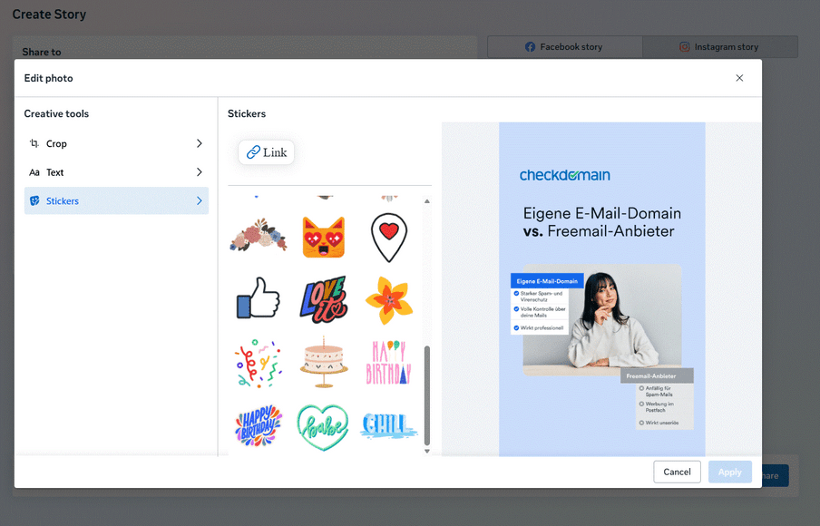 Bearbeitungsfenster: linke Leiste mit Stickers, Sticker-Galerie, rechtes blaues Panel mit checkdomain, unten Buttons.