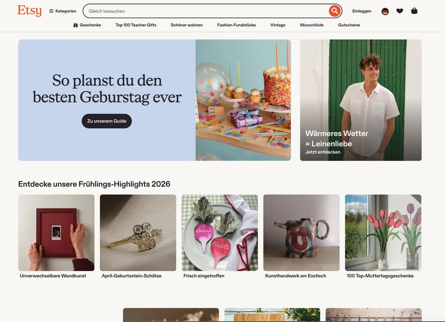 Etsy-Startseite mit blauer Box; daneben Kuchen- und Geschenke-Bilder; rechts Mann in weißem Hemd; darunter Frühlings-Highlights 2026.