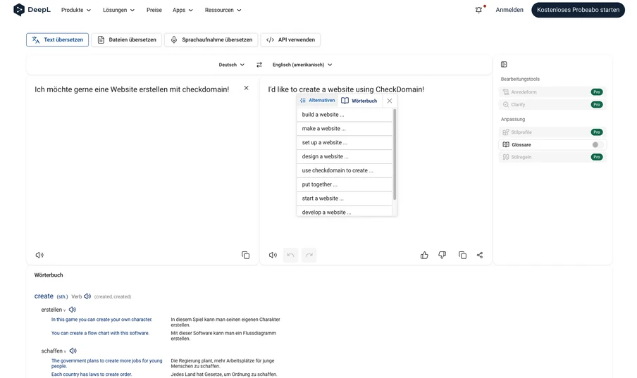 Screenshot einer mehrspaltigen UI (DeepL): linker Textblock, mittlere Skizze, rechter Bereich mit Schaltern, unten Wörterbuch.