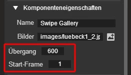 UI-Fenster Komponenteneigenschaften: Name Swipe Gallery; Bilder images/luebeck1_2.jpg; Übergang 600; Start-Frame 1.