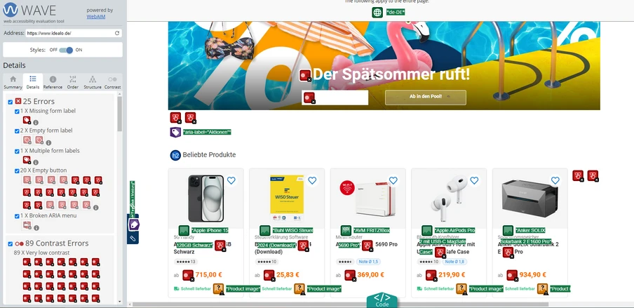 Screenshot einer Online-Produktseite: Werbebanner oben, darunter Produktkacheln; linke Seitenleiste mit Details sichtbar.