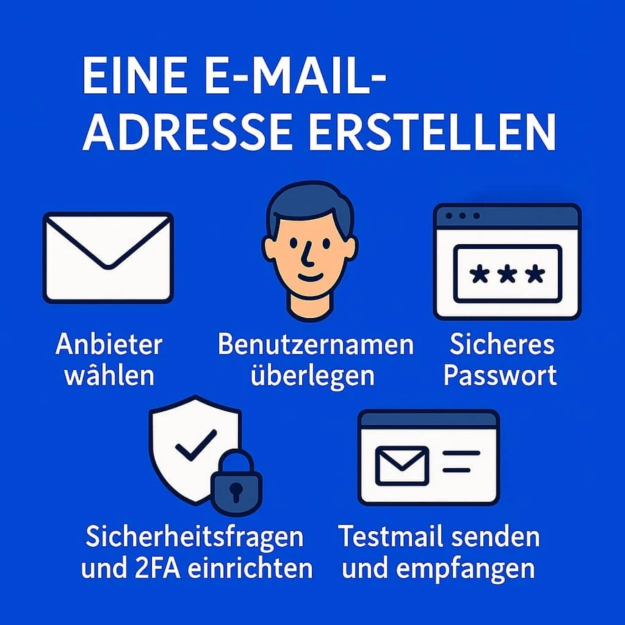 Blauer Hintergrund mit fünf Icons und kurzen Beschriftungen: Anbieter wählen; Benutzernamen; Passwort; Sicherheitsfragen/2FA; Testmail senden.