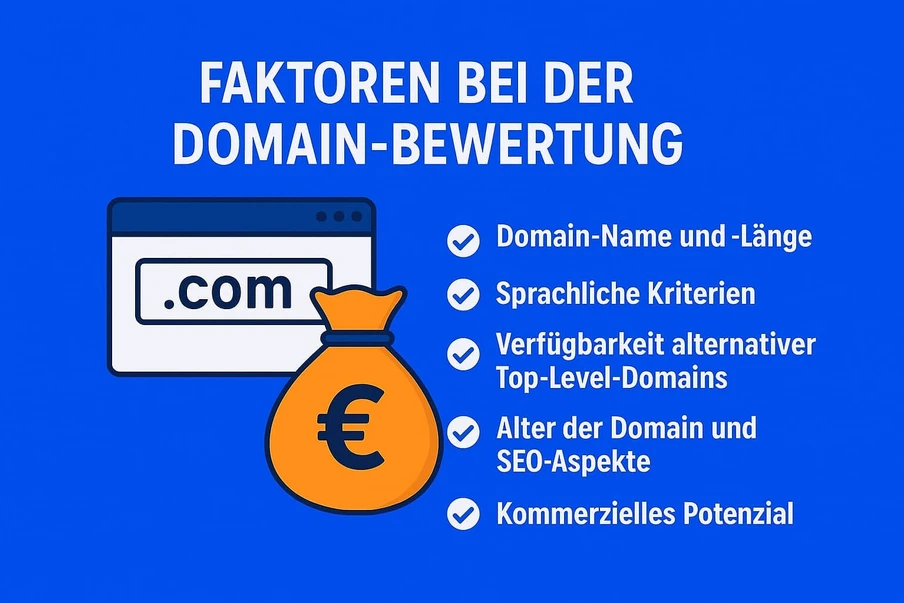 Blauer Hintergrund mit Browserfenster und .com, daneben Geldsack mit Eurozeichen; Liste mit Hakenpunkten zu Domain-Faktoren.
