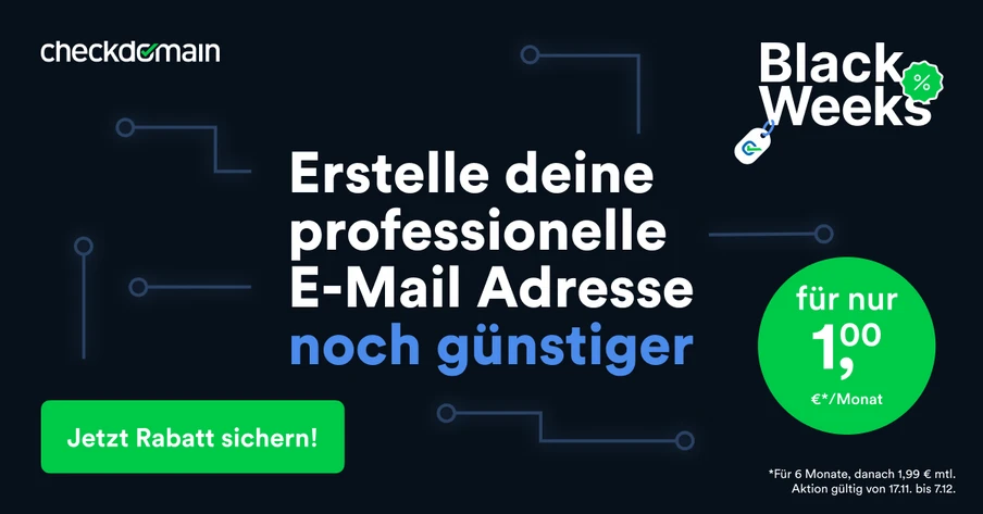 Dunkler Banner mit Checkdomain-Logo links, weißer Text, blaue Unterzeile, grüner Rabatt-Button, grüne Preis-Kachel rechts.