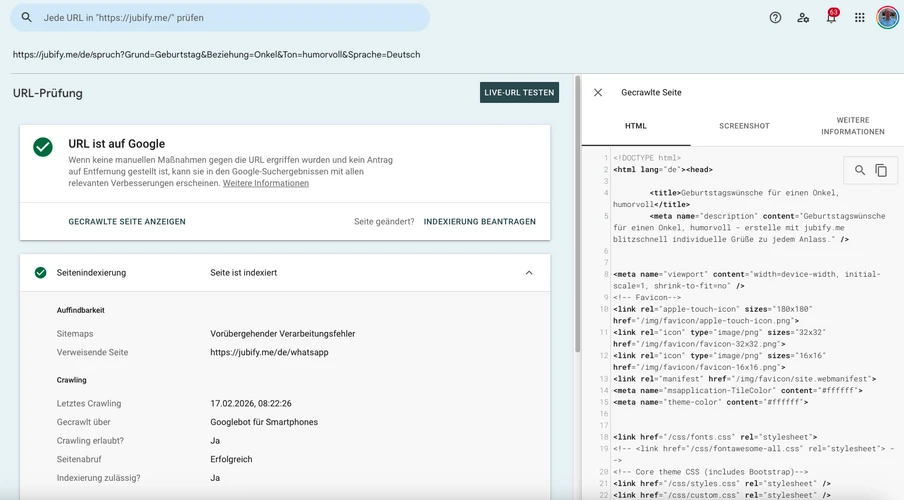 Screenshot eines Browserfensters mit der URL-Prüfung: grüne Bestätigung 'URL ist Google' und rechts HTML-/Code-Inspektionsbereich.