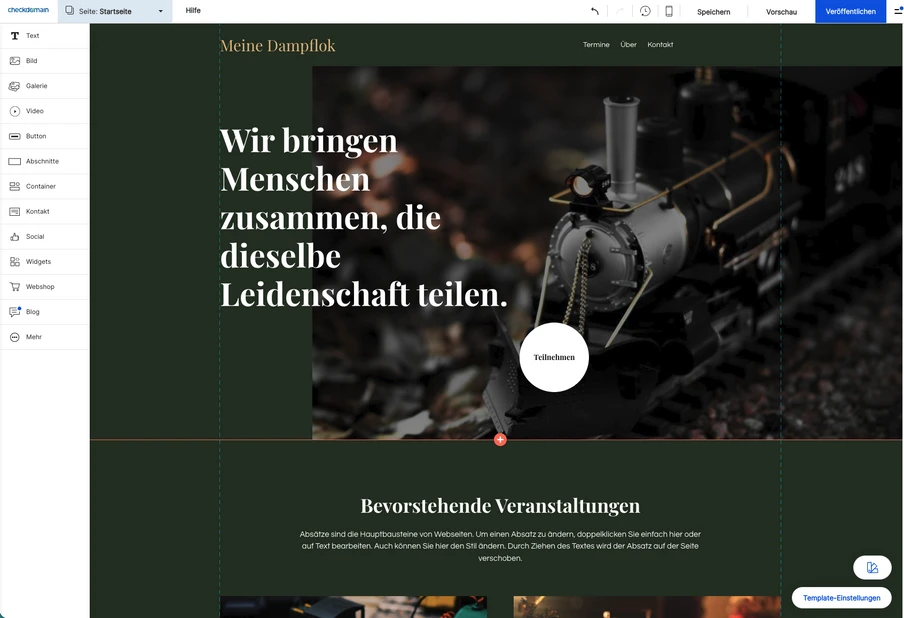Hero-Bereich einer Website: Große weiße Überschrift vor dunklem Hintergrund; rechts ein technisches Bauteil.