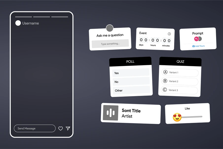 Dunkler Gradient; links Smartphone-Frame, rechts mehrere schwebende UI-Karten mit Labels: Ask me a question, Poll, Quiz.
