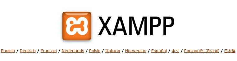 XAMPP-Logo: Orangenes Symbol links neben dem Schriftzug 'XAMPP'; darunter eine Zeile mit Sprachlinks.