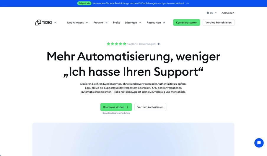 Startseite mit Logo links, Menü; Überschrift 'Mehr Automatisierung, weniger „Ich hasse Ihren Support“' und zwei Buttons.