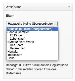 Wenn Du eine Seite einer anderen unterordnen möchtest, musst Du eine "Elternseite" benennen. Screenshot: S. Cantzler