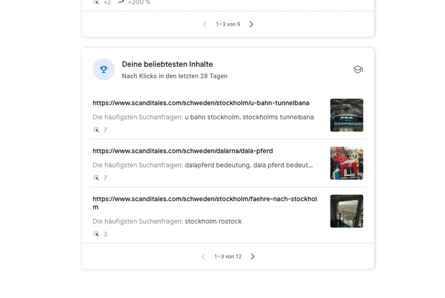 Screenshot einer Seite 'Deine beliebtesten Inhalte' mit drei Einträgen, URLs und Vorschaubildern.
